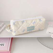 Korean Style Polka Dot Handheld Pencil Case With Bow, Stationery Bag, Portable Compartment Storage Bag For Students - Bow Handle - View 7