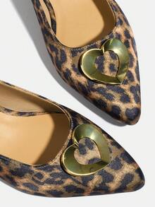 Leopard Print Women's New Mid-Heel Pointed Toe French Style Elegant Sandals With Heart Decoration And Single Strap, Comfortable And Non-Tiring Shoes For Skirts - Leopard - View 9