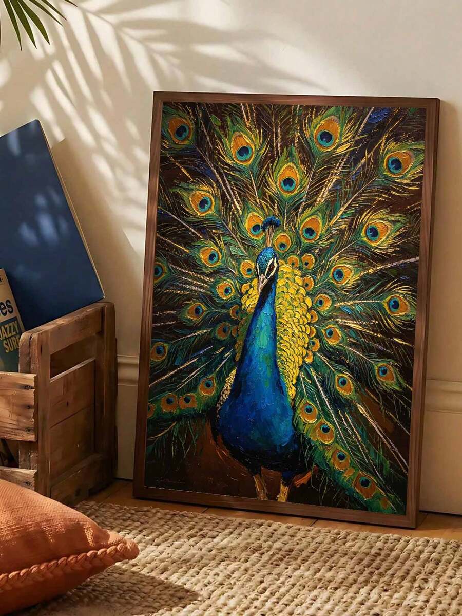1pc Digital Oil Painting Set, Peacock DIY Handmade Art, Home Wall Decor, Canvas Oil Painting Decoration, Holiday Gift, Includes Brushes And Paints