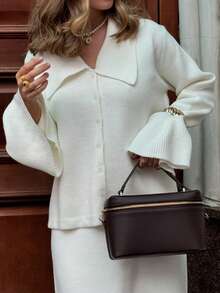 Women's White Knitted Cardigan With Turn-Down Collar And Flared Sleeves, Fashionable Button-Front Regular Fit Top For Autumn - White - View 3