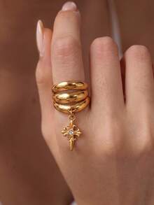 1Pc Vintage Triple Band Open Ring With Cross Charm, Stainless Steel Ring, Gold Ring, Edgy Punk Style Jewelry For Party, Christmas Gift - Multicolor - View 2
