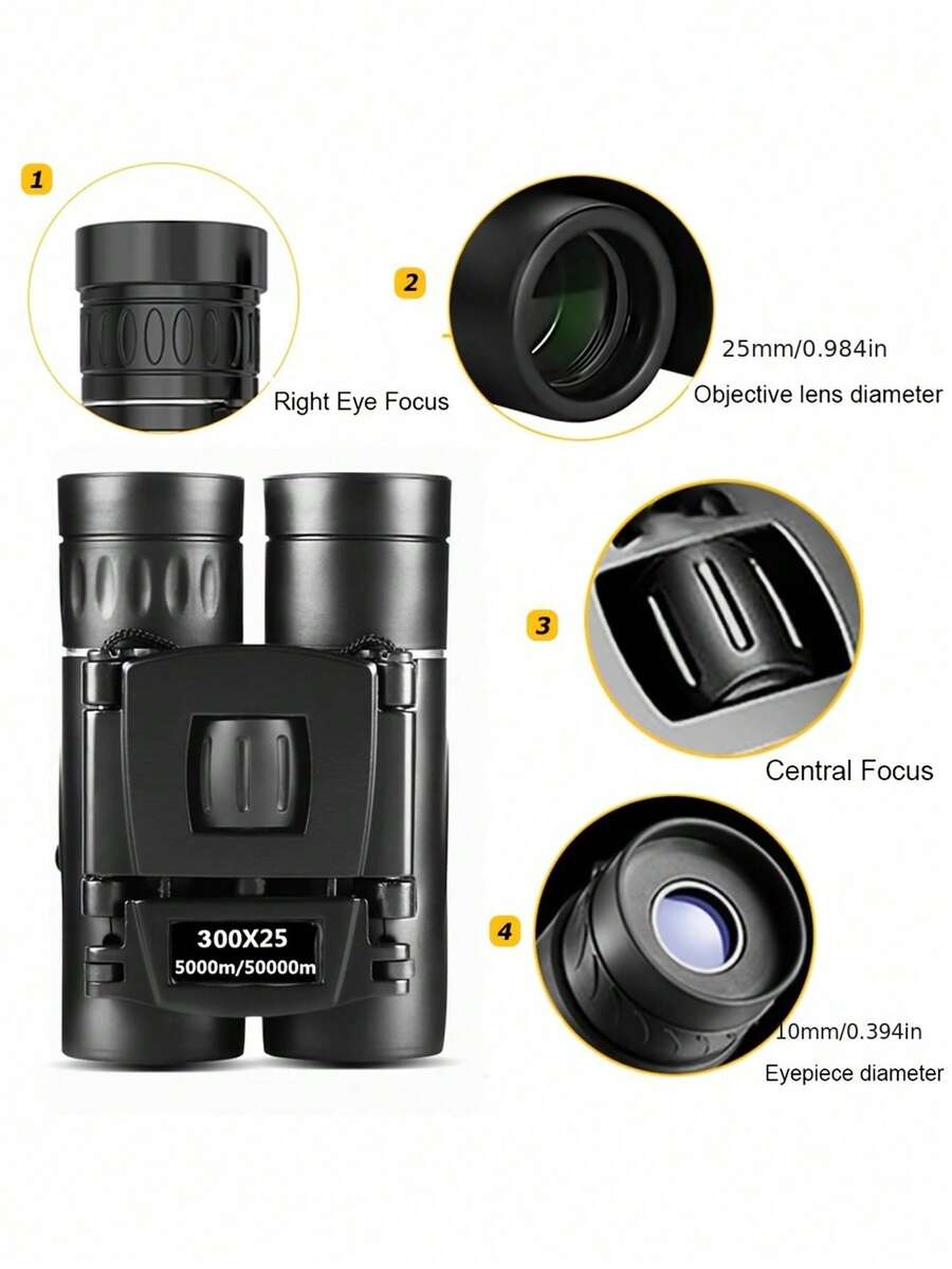 Teropong HD Daya Tinggi 300x25, Pencitraan Jelas, Pembesaran 10x, Teleskop Mini Lipat Jarak Jauh 5000m, Lensa Optik BAK4 FMC, Cocok Untuk Berburu, Olahraga, Berkemah di Luar Ruangan dan Bepergian - Hitam - View 1