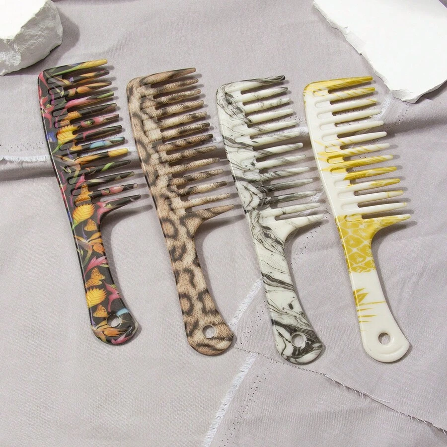 10Pcs Water‑Transfer Printed Marbled Wide Tooth Comb, Leopard & Love Pattern, Portable Easy‑To‑Clean Hair Comb, For Travel & Home Dresser, Daily Use, Salon Hair Tool, Valentine's Day Gift For Girlfriend, Back To School Essential, Fall Decor - Multicolor - View 1