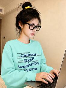 American Brand Letter Print Crew Neck Sweatshirt For Women, Autumn/Winter New Slouchy Loose Versatile Mint Green Top - Mint Green - View 3