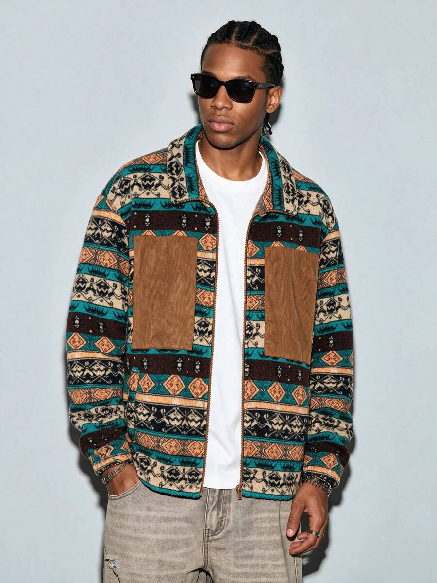 Modcrash Men Stand Collar Corduroy Jacket, Fleece Patchwork Zip Up Coat With Pockets, Autumn Winter Casual Outerwear Fall/Autumn/Winter - Multicolor - View 1