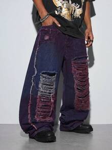 Modcrash Men's HK Streetwear Wide Leg Jeans, Creative Spliced & Ripped Design With Unique Hand-Painted Patterns, Loose Versatile Pants (No Belt & Accessories) Fall/Autumn/Winter - Purple - View 1