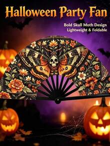 2D Flat Style, Fashionable Handheld Folding Fan, Featuring Dark Vintage Skull, Moth And Floral Pattern, Perfect For Summer Parties, Music Festivals And Bar Use. Also An Excellent Home Decor And Gift - A - View 2
