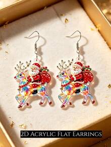 Pendientes colgantes 2D lindos de Papá Noel montando un reno, pendientes de colgante acrílico con reno arcoíris y bolsa de regalo de Papá Noel, regalo de joyería navideña de invierno para mujeres - Papá Noel montando un reno - Ver 6