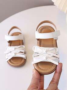1 Pair Girls' Summer Double Bow Sandals With Hook-And-Loop Buckle, Soft Sole, Non-Slip, Princess Style Open Toe Beach Shoes - Beige - View 2