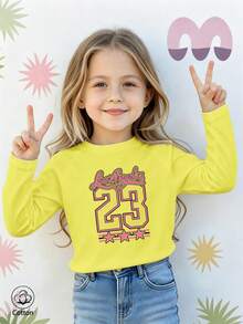 Girls Cotton Raglan Long Sleeve Tee, Autumn Winter Sporty Style With LA Graphic And Star Print, Cute Sweet Preppy Look - Bright Yellow - View 2