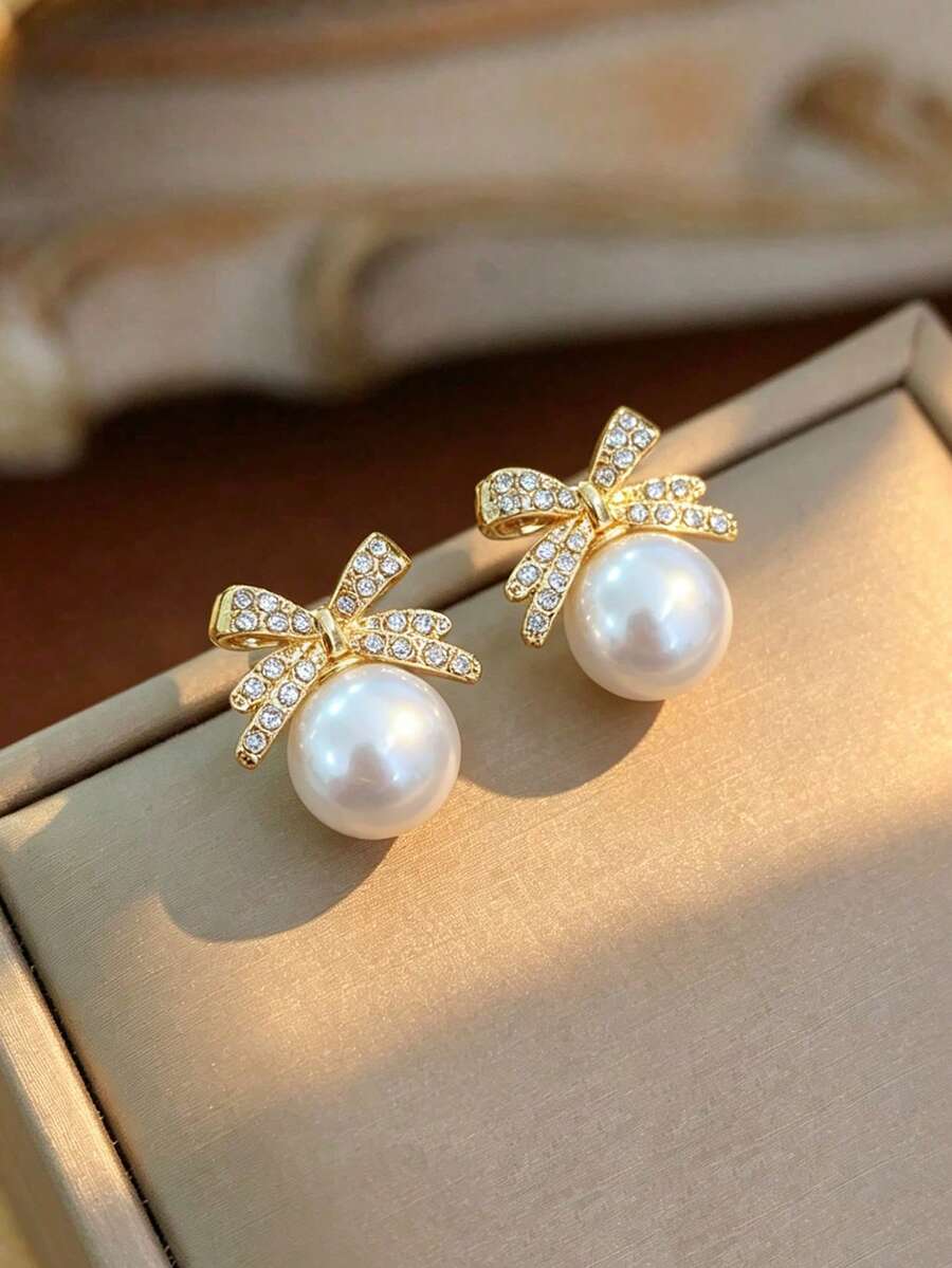 1pair Bowknot-Shaped Faux Pearl & Rhinestone Inlaid Earrings With Elegant And Sophisticated Design Valentines - Multicolor - View 1