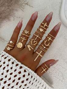 22pcs Ins Style Vintage Shiny Heart Joint Rings, Heart Cross Snake Star Rings, Suitable For Party, Gathering, Gift, Daily Wear - Gold - View 1
