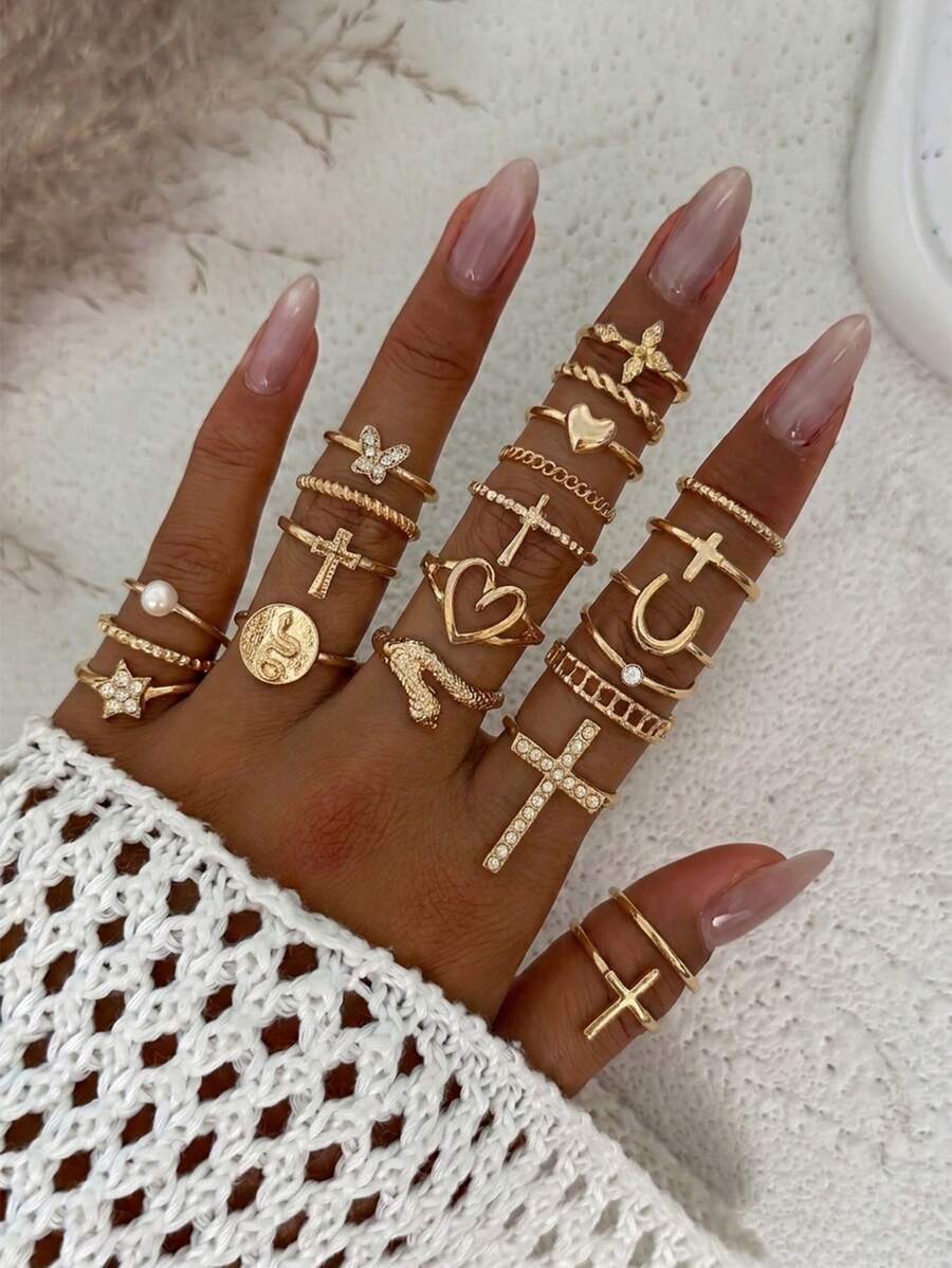 22pcs Ins Style Vintage Shiny Heart Joint Rings, Heart Cross Snake Star Rings, Suitable For Party, Gathering, Gift, Daily Wear - Gold - View 1