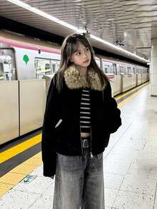 Custom Dyed Faux Fur Collar Small Grain Lamb Fleece Jacket Winter Black Fuzzy Winter Coat - Black - View 8