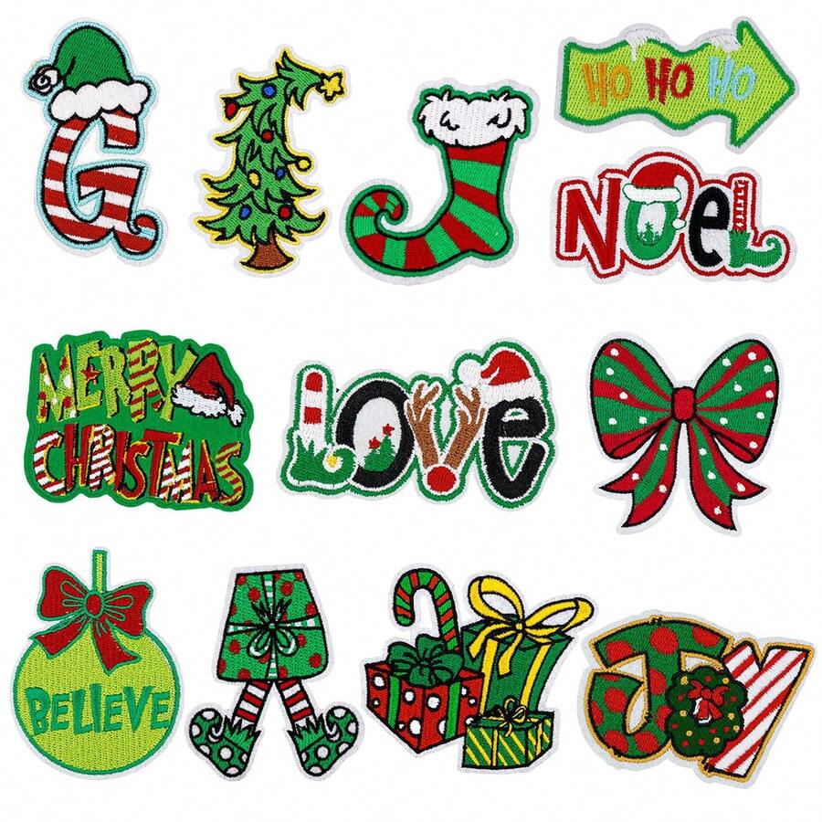 The Grinch 8pcs(Random Style) Christmas Embroidered Fabric Patches DIY Iron-On Stickers For Clothing, Bags, Holiday Decoration Material, Clothes Patch Stickers, Halloween Christmas Clothes Patch Stickers - Multicolor - View 1