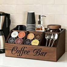 1pc 5-Compartment Wooden Coffee Bar Storage Box, Vintage Country Style Countertop Organizer, Suitable For Coffee Capsules, Coffee Cups, Spoons And Accessories, Farmhouse Style Kitchen Coffee Station Decor - Multicolor - View 3