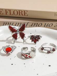 5PCS Dark Gothic Burgundy Butterfly Maple Leaf Rings, Vintage Red Enamel Rhinestone Stackable Ring Set For Women - Silver - View 5