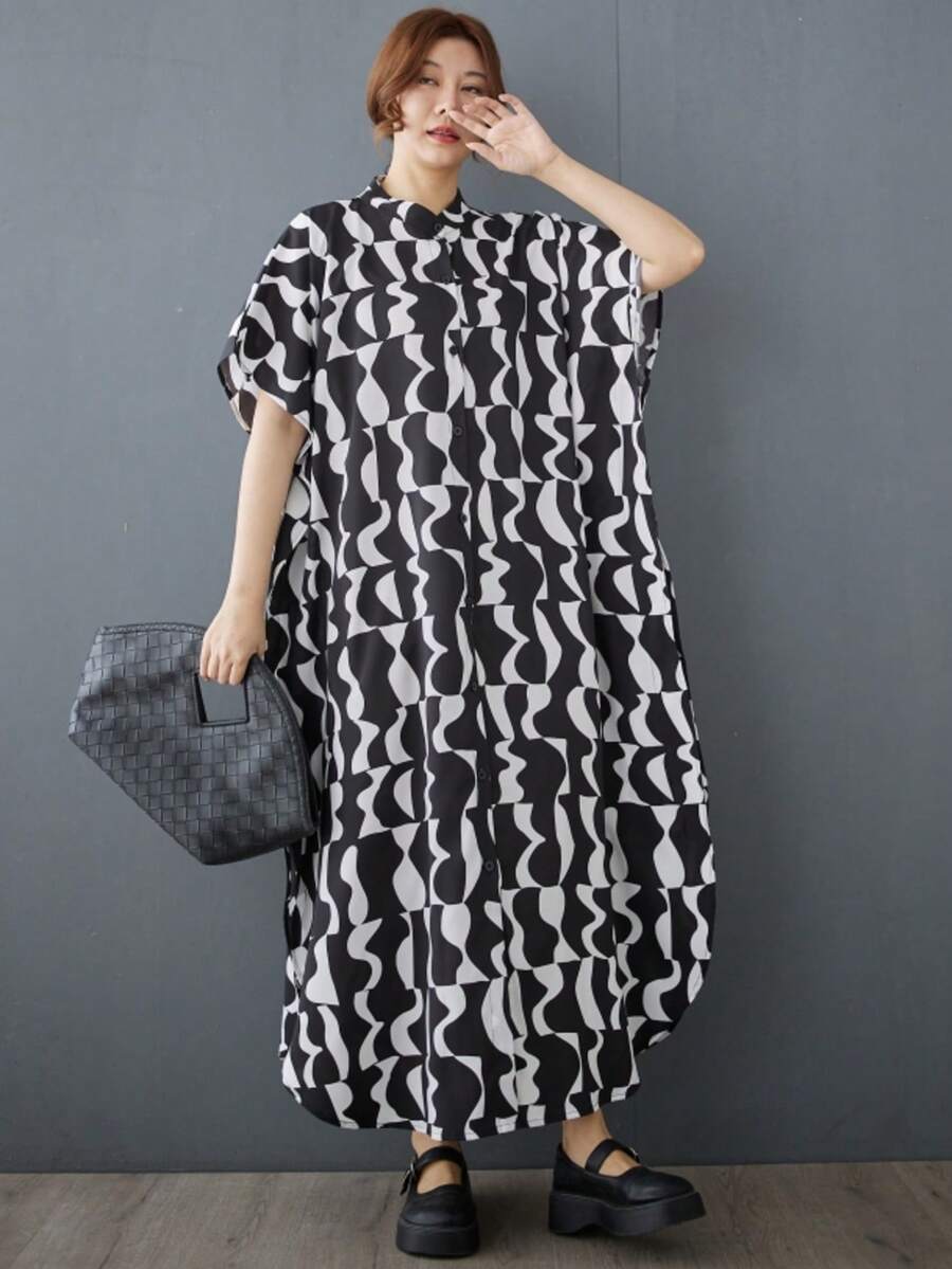 女款襯衫 2025夏季小立領優雅大尺碼休閒內搭寬鬆長版開襟單排扣度假風波希米亞休閒海灘穿搭女裝 - 黑色 - 查看 1