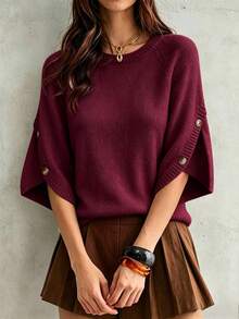 Women's Casual Autumn/Winter Solid Beige Round Neck Batwing Sleeve Knit Top, Button Design Pullover Sweater, Suitable For Daily Office Commute - Burgundy - View 2