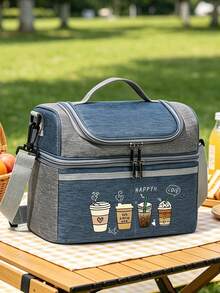 Four Cups Of Coffee Print Lunch Bag With Insulated, Dual-Compartment Lunch Bag With Shoulder Strap, Practical, Versatile Gift For Family And Friends - Multicolor - View 6