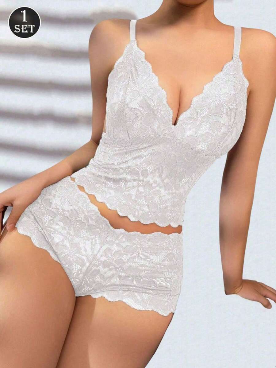 1 Set Women's Longline Wireless Lace Embroidered Floral Bra Set