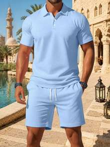 2pcs Men's Casual Solid Color Short Sleeve Polo Shirt & Shorts Set, Suitable For Beach, Commute, Gym And Weekend Outings - Blue - View 11