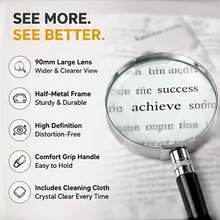 2pcs Set (Large Ultra-Clear 90* Metal Magnifying Glass + Cleaning Cloth) Handheld Durable Magnifying Glass - Durable And Shatter-Resistant Professional Magnifying Glass, Ergonomic Comfortable Handle, Suitable For Reading Books And Viewing Maps, Christmas Gift - Latest Model - View 7