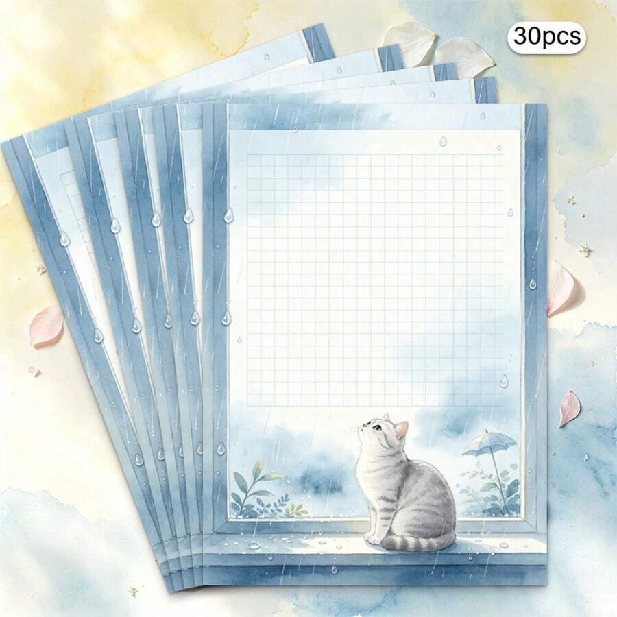 1 Set, 30 Sheets Cute Cat Themed Letter Paper, Cat Print Letter Paper, Kawaii Letter Paper - Rectangle - View 1