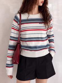 Women's Autumn/Winter Minimalist Casual Colorful Striped Round Neck Pullover Sweater Knit Top - White - View 1