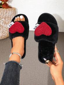1 Pair Women's Heart-Shaped Plush Slippers, Open Toe Fluffy Flat Sandals, Comfortable Indoor Outdoor Home Slippers - Black - View 6