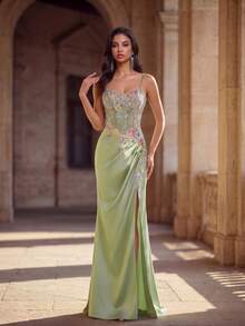Anymoon Women's Floral Embroidered Pleated Elegant Spaghetti Strap Evening Gown - Green - View 1