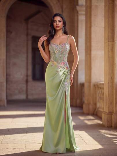 Vestido de Noche Elegante con Tirantes Finos, Plisado y Bordado Floral para Mujer Anymoon