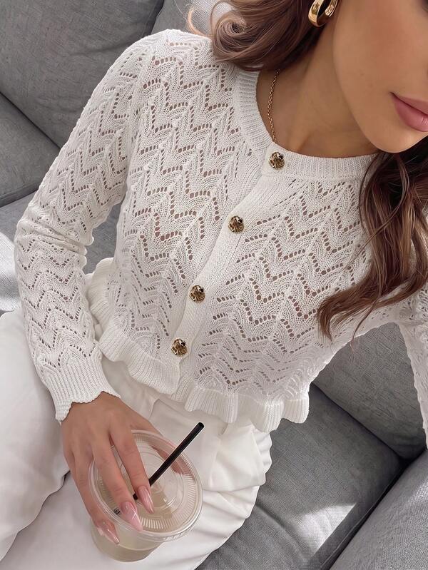 Cardigan de punto blanco para mujer, botones dorados, cuello redondo, manga larga, top semitransparente, ideal para capas en otoño