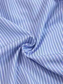 Blue Striped Colorblock Collar Shirt, Cinched Waist Gold Button Top, Elegant Commuter Wear - Blue and White - View 5