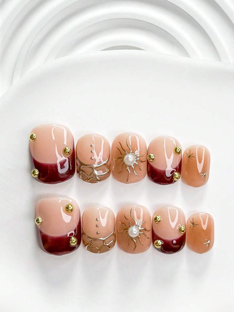 10Pcs Maillard Style Handmade Press On Nail,Polygel Nail Set,Hand Painted Sun,Pearls,Steel Beads,Red And Brown Nail Polish,Retro Style,Includes Nail Tools,3 Sizes Available,Square,Short Square,Almond,Nails For Party,Dance,Daily Wear. - Multicolor - View 15