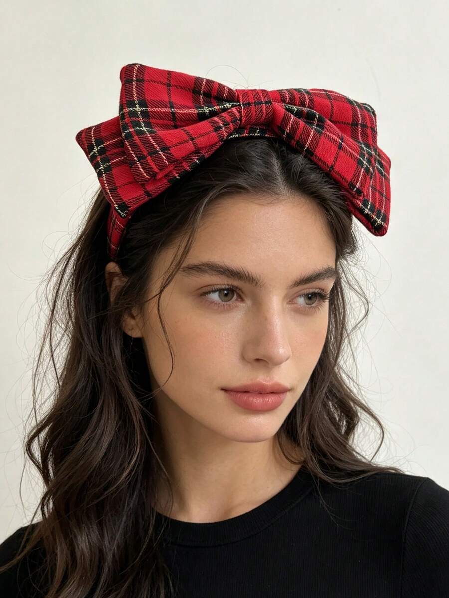1pc Street Elegant Fashion Versatile Red & Black Plaid Double Layer Bow Wide Headband - Red - View 1