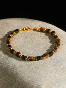 Vintage Men's Tiger Eye & Obsidian Square Bead Bracelet, Wealth, Prosperity & Luck Bohemia Minimalist Jewelry Gift, Suitable For Daily Wear / Holiday - Multicolor - View 8