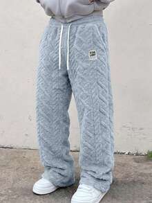 Men's Casual Sports Fleece Lounge Pants, Straight Leg, Drawstring Waist, Polyester Material, Casual Long Pants, Available In Multiple Colors, Unisex - Baby Blue - View 4