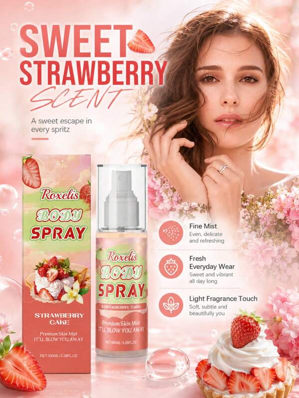 100ml Strawberry Cake Body Fragrance Mist, Long-Lasting Fresh Scent, Soft Multi-Layered Elegant Fragrance Spray