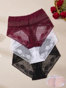 3PCS Plus Size Women's Sexy Lace Panties French Romantic Burgundy & Black Lingerie Gift For Girls - Multicolor - View 2