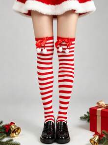 4/3/1 Pairs Christmas Striped Solid Color Bow Pom Pom Deer Head Green Red Cute Holiday Over Knee Thigh High Socks - Multicolor - View 9
