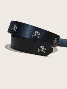 1pc American Retro Y2K Skull Cross Rivet Wide Belt Unisex Personalized Jeans Leather Belt - Skull Series - View 3