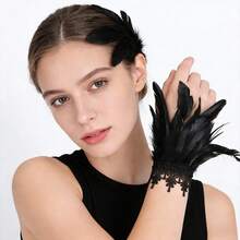 2 Stück schwarze Spitzenbesatz Feder Handgelenksmanschetten, Halloween Cosplay Kostüm Armbänder, Maskenball Party Karneval Damen Kleid Accessoires - Verschiedenfarbig - Übersicht 1