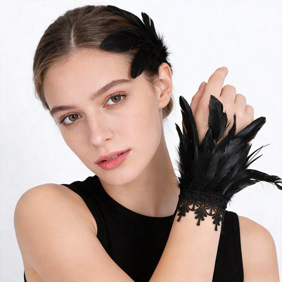 2 Stück schwarze Spitzenbesatz Feder Handgelenksmanschetten, Halloween Cosplay Kostüm Armbänder, Maskenball Party Karneval Damen Kleid Accessoires - Verschiedenfarbig - Übersicht 1
