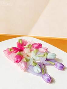 4/2pcs Girls Multi-Color Tulip Flower Bow And Triple Layer Mesh Rhinestone Butterfly Combination Hair Clips, Cute And Sweet Back Of Head Hair Accessories Suitable For Daily Wear, Outings, Vacations, Parties, Dates And Other Occasions, Women's Hair Accessories - Multicolor - View 4