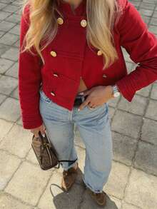 Women's Elegant Versatile Double-Breasted Red Jacket, Autumn/Winter - Red - View 5