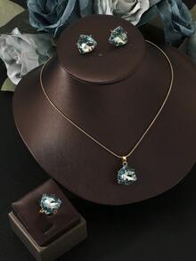 Elegant Triangle Multi-Color Crystal Jewelry Set, Gold Snake Chain Pendant Necklace Earrings Ring Set, Party Wedding Accessories Gifts For Women - Multicolor - View 5