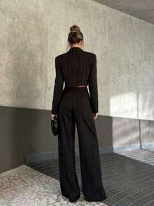 Women's Autumn Elegant Casual Black Striped Short Blazer + Long Pants 2 Pieces Set, Suitable For Office, Vacation, Outings - Black - View 4