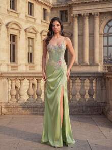 Anymoon Women's Floral Embroidered Pleated Elegant Spaghetti Strap Evening Gown - Green - View 7