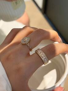 3pcs Old Money Style Cubic Zirconia Geometric Stackable Copper Rings Set, Suitable For Women's Daily And Party Wear, Quiet Luxury - Yellow Gold - View 3
